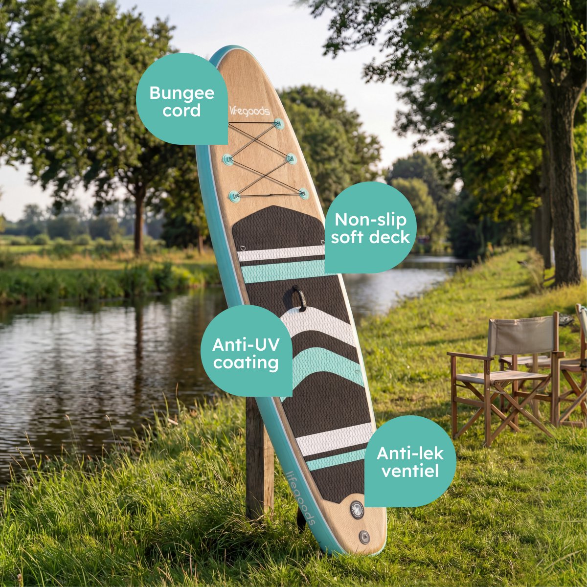 LifeGoods PaddlePro SUP Board - met Zitje - Opblaasbaar Paddle Board - Complete Set - Max. 150KG - 320x81cm - Hout/Mintgroen – foto 8