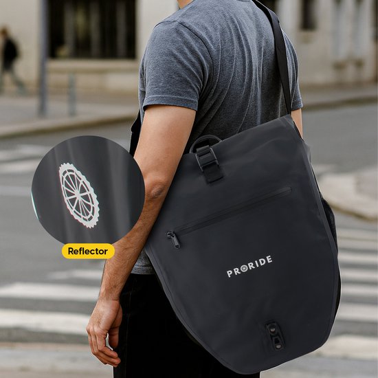Proride® Enkele Fietstas - 100% Waterdicht - 28 Liter - Pakaftas Elektrische Fietsen - Schoudertas - Inclusief Schouderband en Laptophoes - Bagagedrager - Reflector - Magnetische sluiting - Zwart - Fietszakken van Proride — afbeelding 5