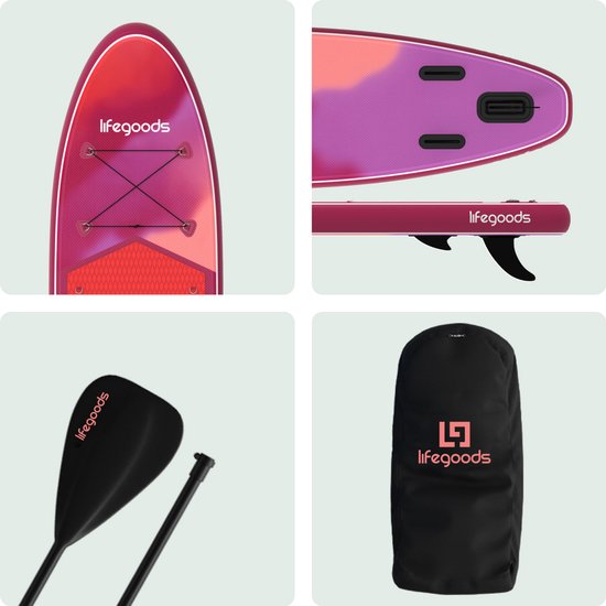 LifeGoods SUP Board Allround Compact - 120 KG Draagkracht - 300 x 76 cm - Opblaasbaar - Compleet SUP pakket - Rood/Lila