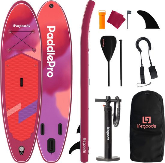 LifeGoods SUP Board Allround Compact - 120 KG Draagkracht - 300 x 76 cm - Opblaasbaar - Compleet SUP pakket - Rood/Lila