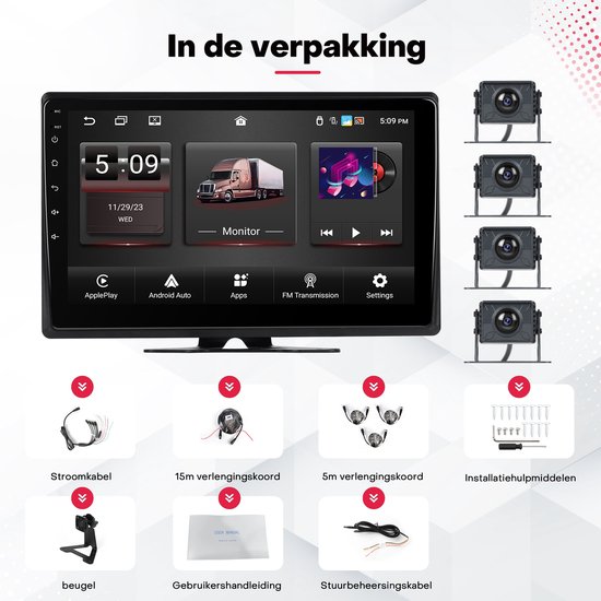 Boscer 10.1 Inch Android 4-Wegs Camera Monitor - 4x Waterproof IP68 Camera - Apple Carplay & Android Auto (Draadloos) - Android 13 - 2+32GB - WiFi, Bluetooth & Radio - Geschikt voor Camper, Auto & Vrachtwagen — afbeelding 5