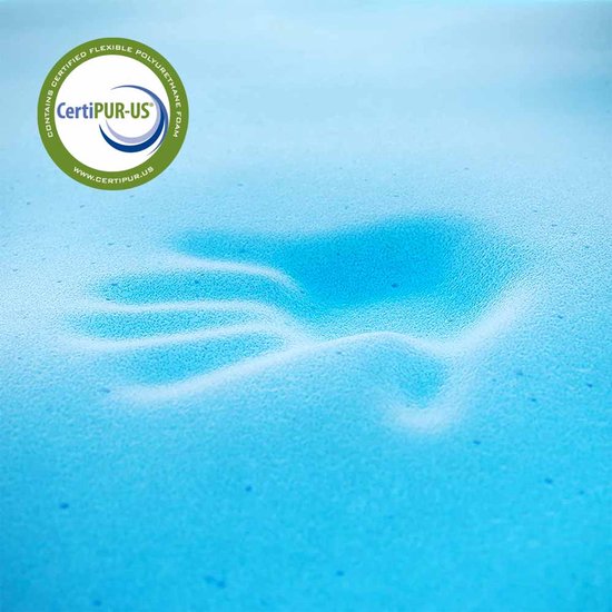 Mousse bleue avec une empreinte de main, avec un logo CertiPUR-US.