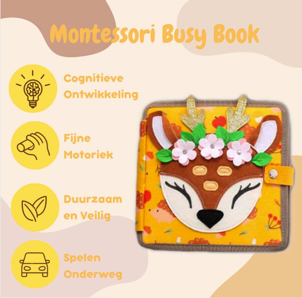 Joymaxx Montessori Busy Board - Baby Speelgoed 1 jaar - Activiteitenboek voor Peuters - Sensorisch Speelgoed 6 maanden tot 2 jaar - Montessori Speelgoed voor Onderweg - Cadeau Meisjes 18 maanden — afbeelding 5