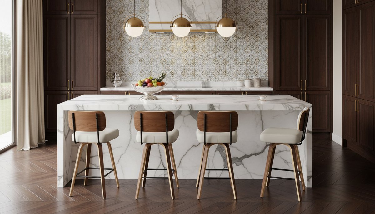 Barkrukken Set van 4 – House&Garden Draaibare Barstoelen met Rugleuning, 65 cm Zithoogte, PU-Leren Zitting en Massief Walnoothout, Mid-Century Modern Design met Voetensteun – Keuken, Bar en Eettafel Stoelen in Beige