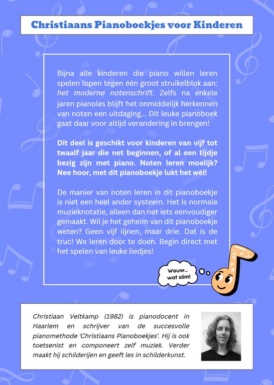 Christiaans Pianoboekjes voor Kinderen, een methode om noten te leren. Illustratie van een jongen aan een piano met muzieknoten.