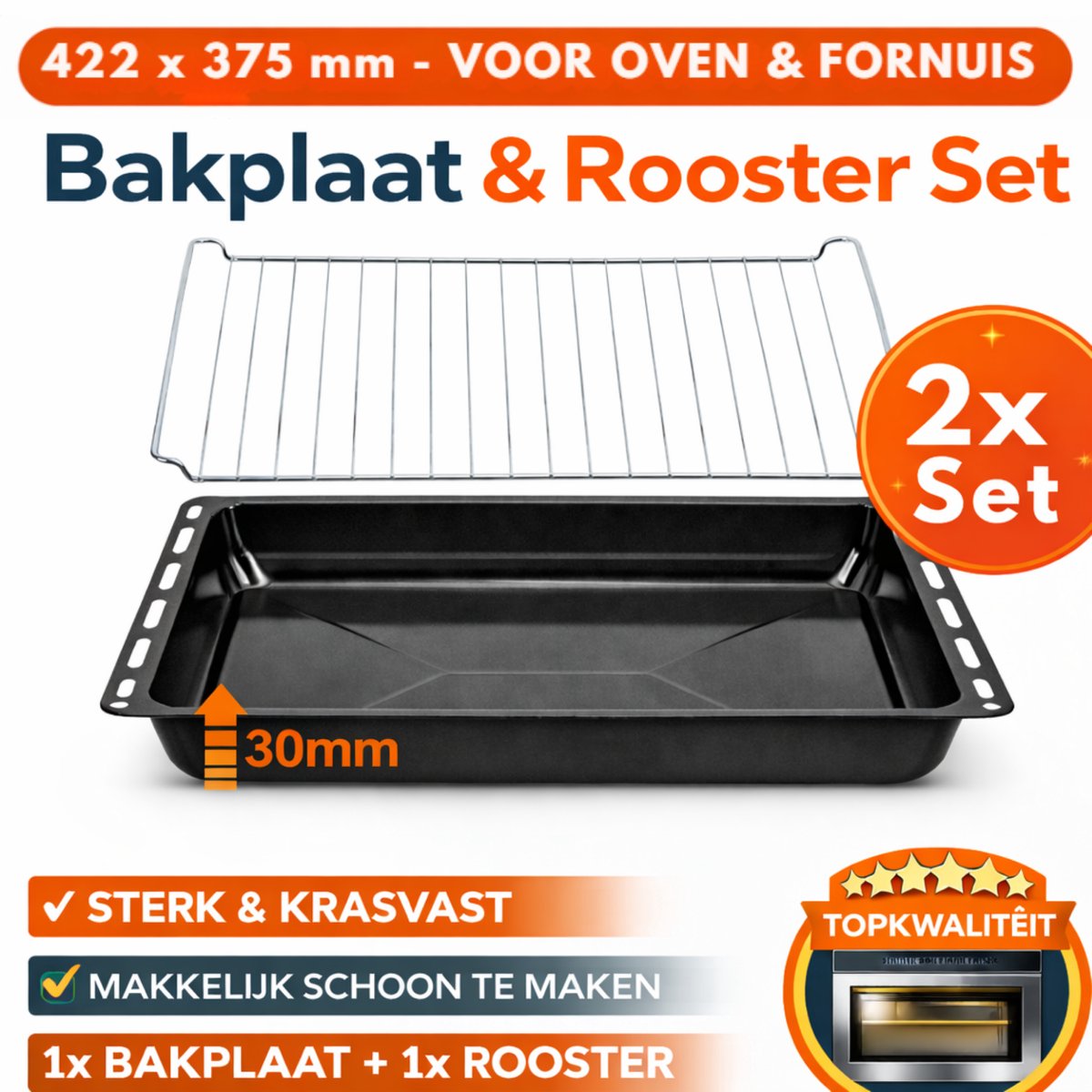 ICQN Bakplaat en Rooster Set voor Oven - 422x375x30 mm