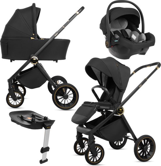 BabyLux® Kinderwagen 4in1 Set ROSSO, Zwart, Opvouwbare Lichtgewicht Combi Kinderwagenset Incl. Reiswieg, Buggy, I-Size Kinderzitje, Autostoel, 4 Verstelbare Standen, 0-22kg, Uv-Bescherming 50+