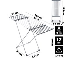 KADAX Uitschuifbaar droogrek met 17m droogoppervlak, Flexibele breedte van 85-155 cm, Groot droogrek voor binnen buiten (wit/grijs, 155 x 53 x 90 cm)