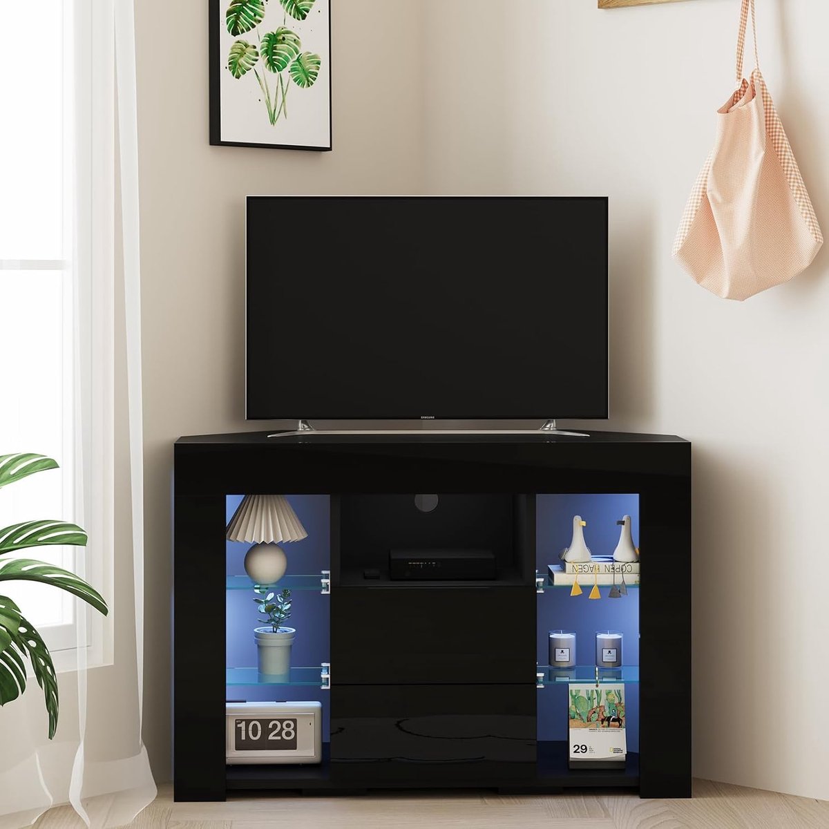 TV-meubel met stopcontacten en RGB LED-verlichting 140 × 35 × 47 cm – TV kast / lowboard voor 32-65 inch televisie met 3 stopcontacten, 2 USB-poorten, opbergruimte en kabelmanagement – Donkerbruin ...