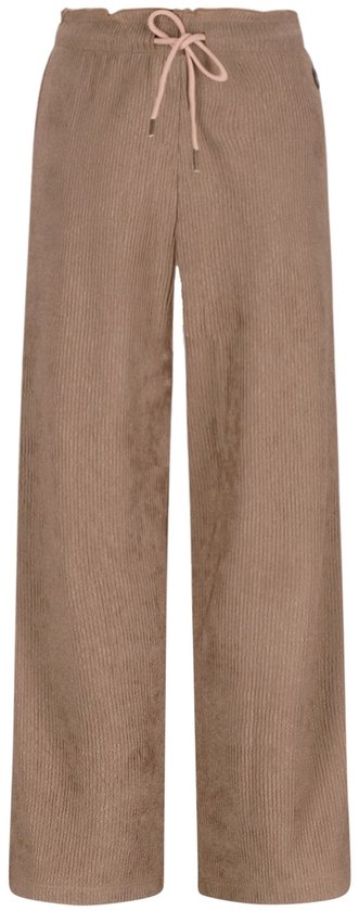 Pantalon marron côtelé ample à jambes larges et cordon de serrage rose.