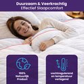 Vrolijke vrouw onder een wit dekbed met ruitpatroon en rode/blauwe bies. "100% Natuurlijk Product" en "vochtregulerend" iconen.