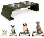 Design Verhoogd Voederbak voor Hond of Kat - Voederstation uit Staal – Incl. 4 RVS Voerbakken – Ergonomisch & Antislip – Maat S - 10cm hoog - Olijfgroen