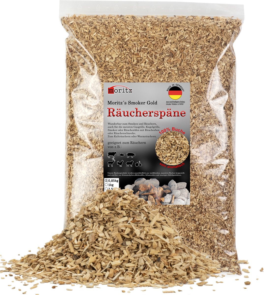 0,85 kg Moritz Smokers Gold - houtsnippers beuk fijn 0,75 – 2 mm voor koud en warm roken van vis, vlees en meer