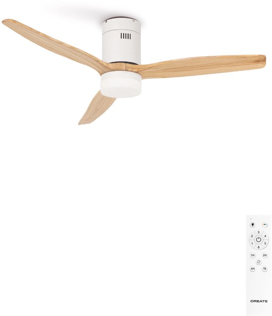 Plafondventilator 40W wit Ø132 cm met LED verlichting 3 kleurtemperaturen, afstandsbediening, timer, zomer/winterfunctie, 6 snelheden, stil, IP44
