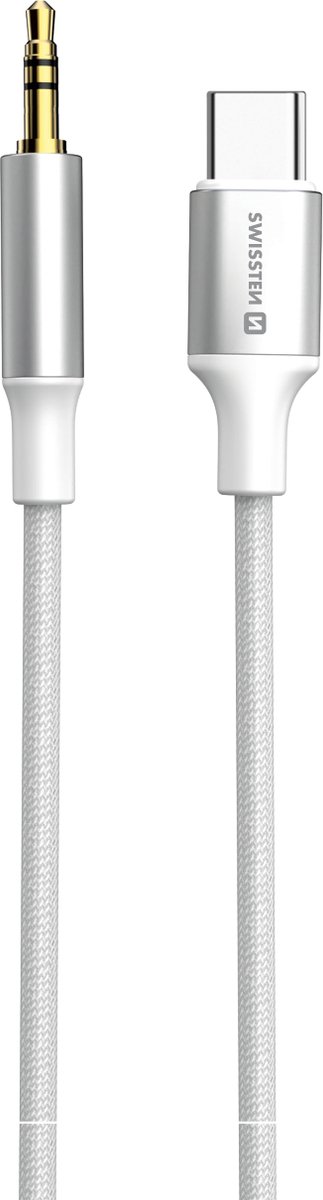 Swissten 73502310 3.5mm Jack naar USB-C Audio Kabel – AUX Adapter – Gevlochten/Textile – 1.5 Meter – Wit