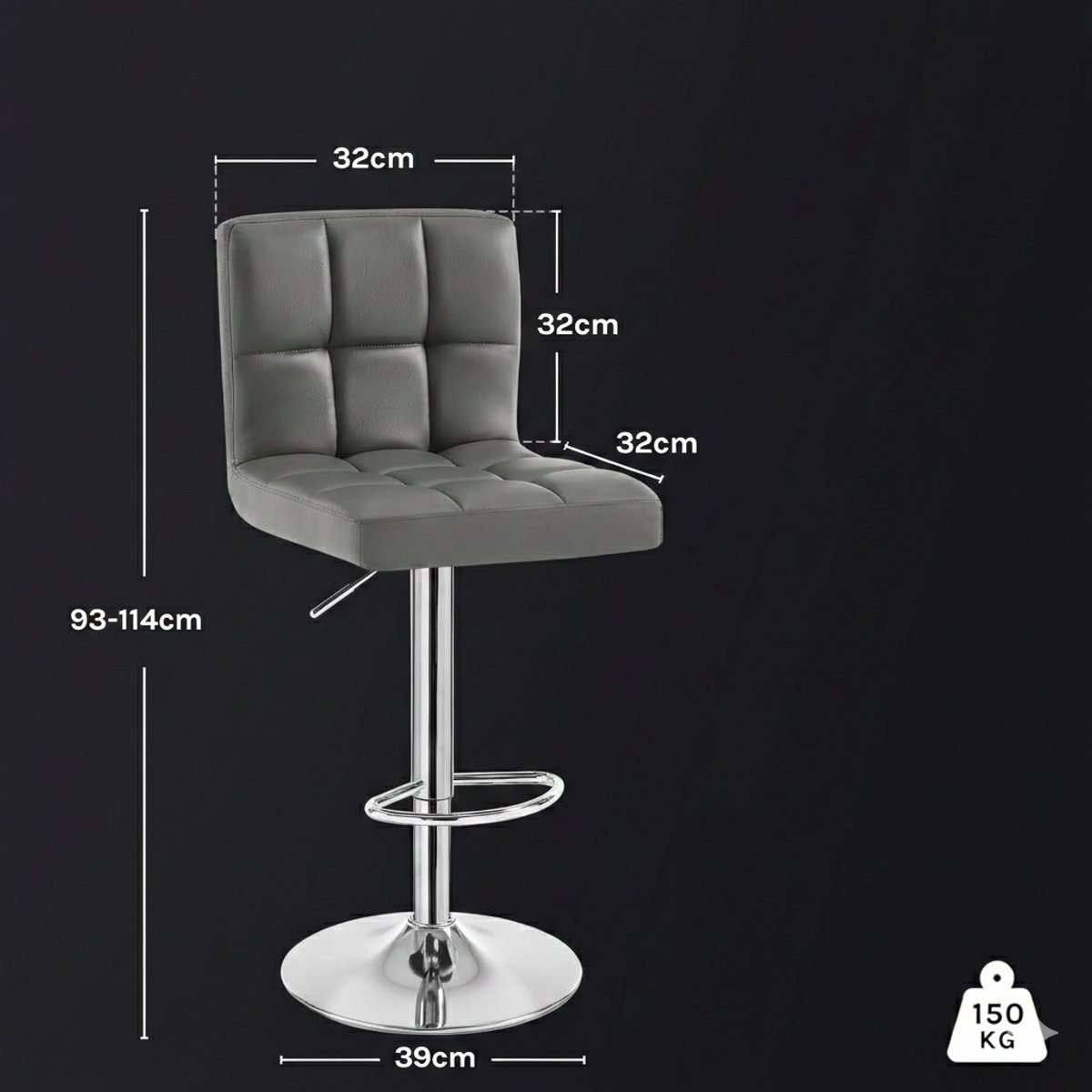 Barkrukken Set van 2 – House&Garden Luxe Grijze Barkrukken met Rugleuning – Verstelbaar & Draaibaar – PU Kunstleer – Met Voetensteun en Robuust Metaal – Voor Keuken, Bar & Eetkamer