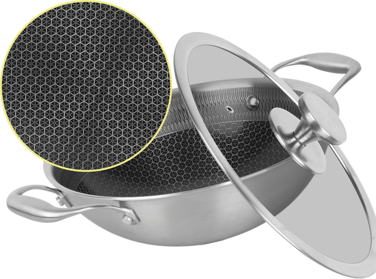 Maison & Kitchen Wokpan Ø24 cm - PFAS vrij - Inductie, Elektrisch, Keramisch & Gas - RVS Honingraat Anti Aanbak pan - Keramische Coating