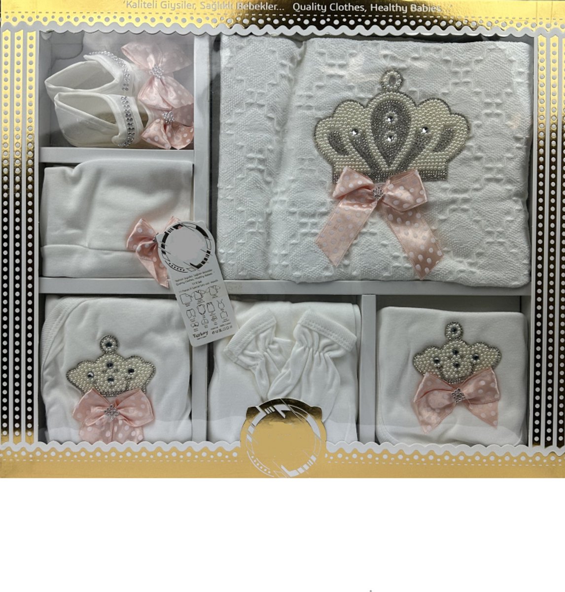 Marco Rossi Luxe 11-delige Baby Cadeauset - Geboorte Set - Gift - Licht roze - met Kroon & Parels - Kraamcadeau Jongen & Meisje - 0-4 maanden
