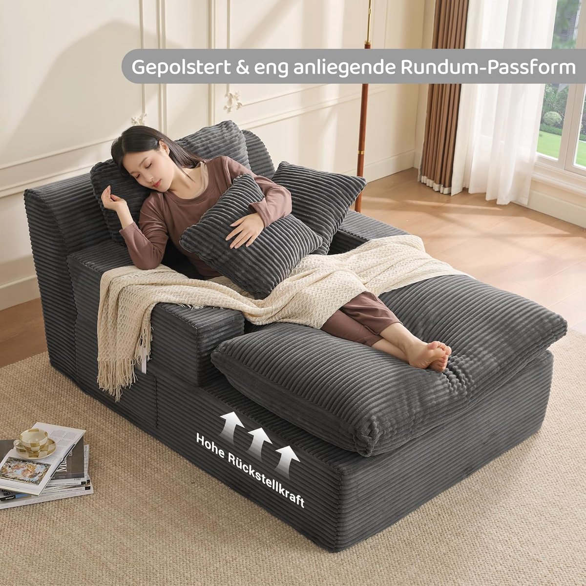 Chaise Longue Loungesofa 160x110x40 cm – Vouwbare Slaapbank met Armleuningen en Opbergvakken, Compacte Ruimtebesparende Cloud Sofa voor Woonkamer, Studio of Appartement – Pauwhome