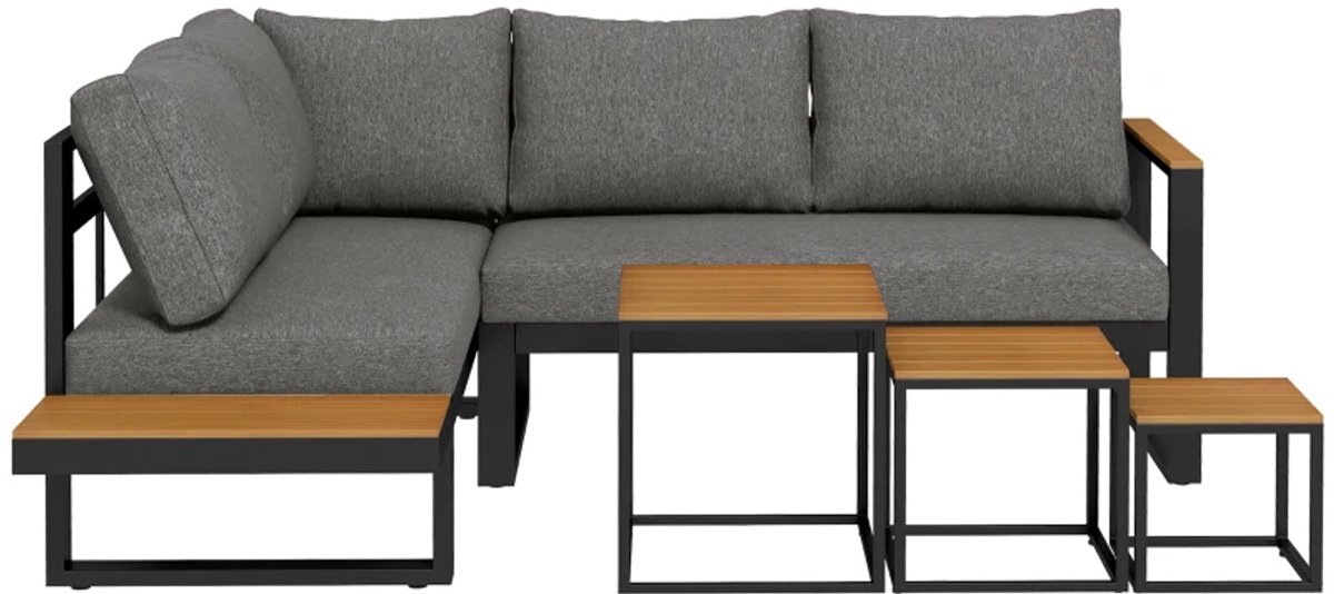 Tuin loungeset - Tuinset - 5-Delige Loungeset - 4-5 Zits - L-vormige Tuinmeubelset - Hoekbank - Tuintafel - met Planken, Tafel en Zitkussen + Kussen - Ideaal voor tuin, balkon en terras - Hoeklounge - Zitgroep - Grijs + Naturel