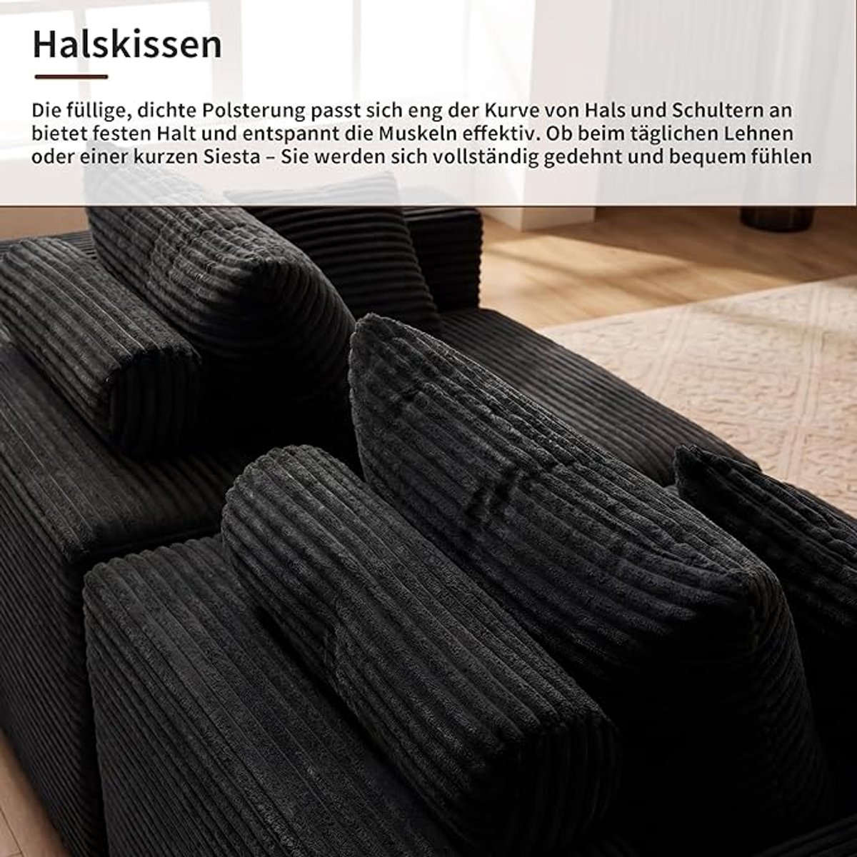 Hoekbank met Rechter Chaise Longue 257x175x59 cm – Zwarte Corduroy Slaapbank met 3 Nekkussens, Bekerhouder en Opbergvak – Diepe Zitting 67,5 cm – Modern L-Vorm Design – Cloud Comfort – Pauwhome