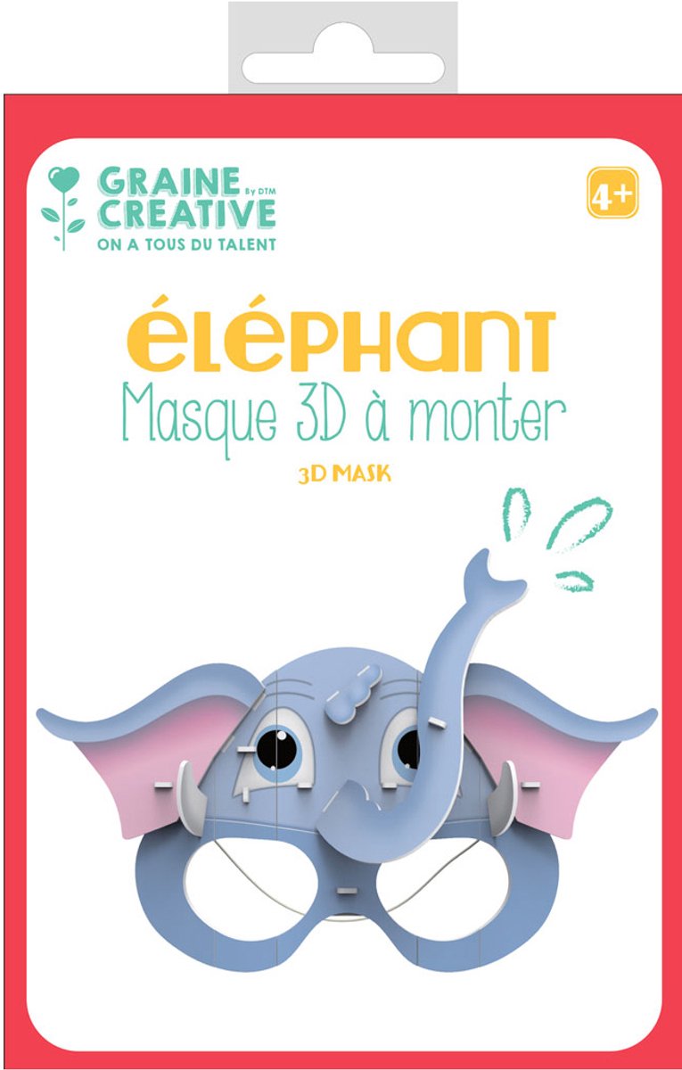 GRAINES CREATIVES - 3D-masker van karton, olifant 16 x 23 cm, knutselset voor kinderen