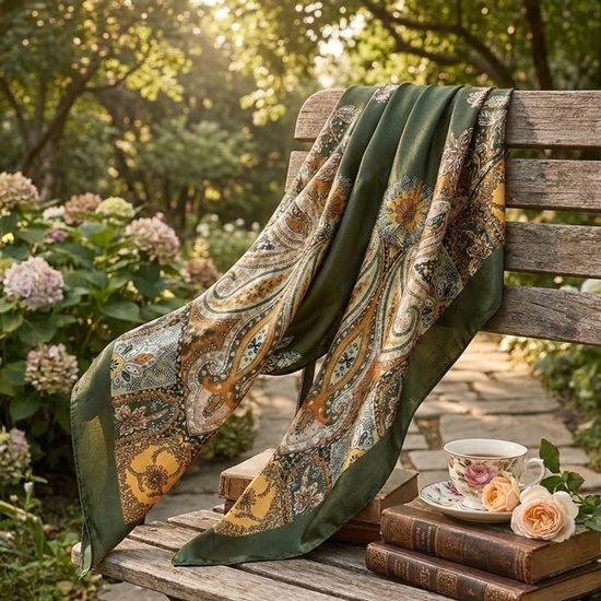 Groene satijnen bandana met een rijke paisley print in multicolor, liggend op een houten bankje buiten.