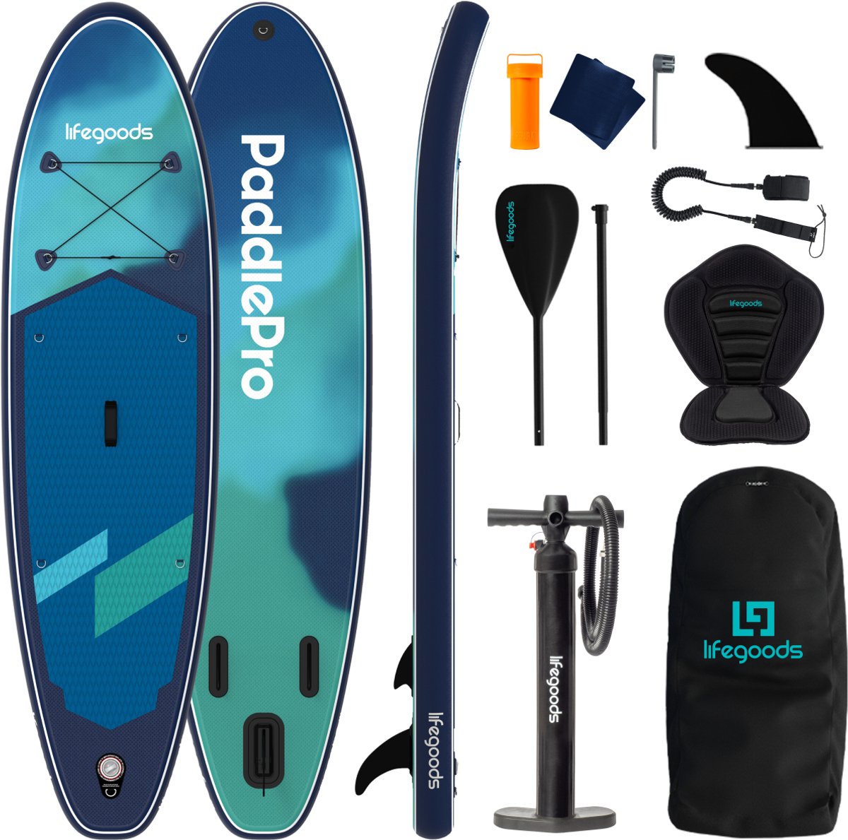 LifeGoods SUP Board Allround Compact - met Zitje - 100 KG Draagkracht - 300 x 76 cm - Opblaasbaar - Compleet SUP pakket - Blauw/Groen