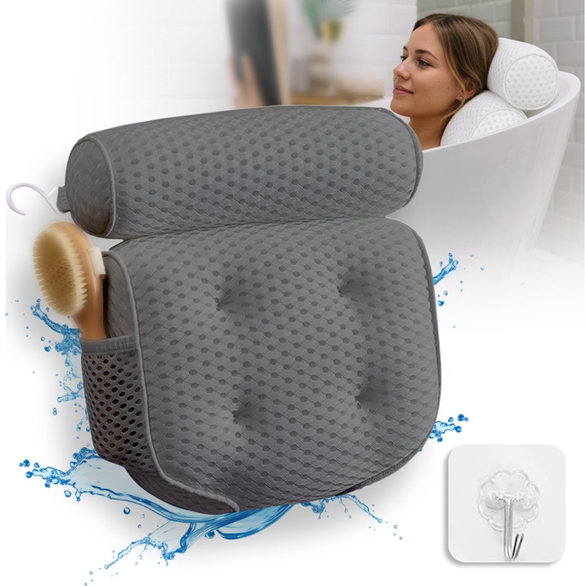 Badkussen (34,5x38cm) Claesson Living – Met Hoofdsteun (9,5 cm dik) voor Nek, Rug en Hoofd – 4 Sterke Zuignappen – Inclusief Ophang- en Drooghaak – Grijs