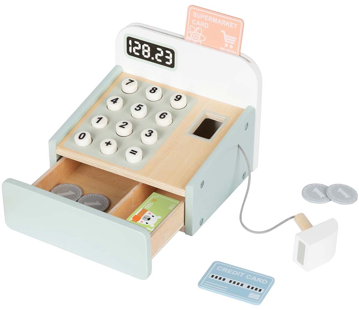 BusyKids Europe Mijn eerste kassa - speelgoedkassa - houten kassa - incl. scanner en geld - monterssori speelgoed
