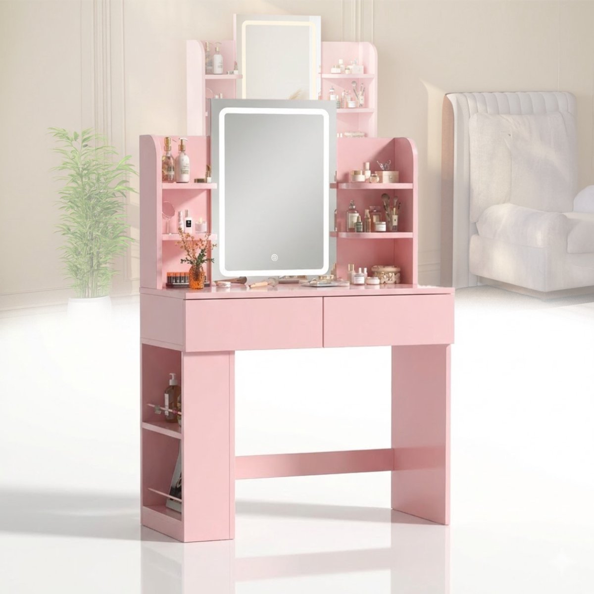 NBAP® Make Up Tafel met Spiegel - Kaptafel voor Meisjes - Hollywood Spiegel met Verlichting - Roze