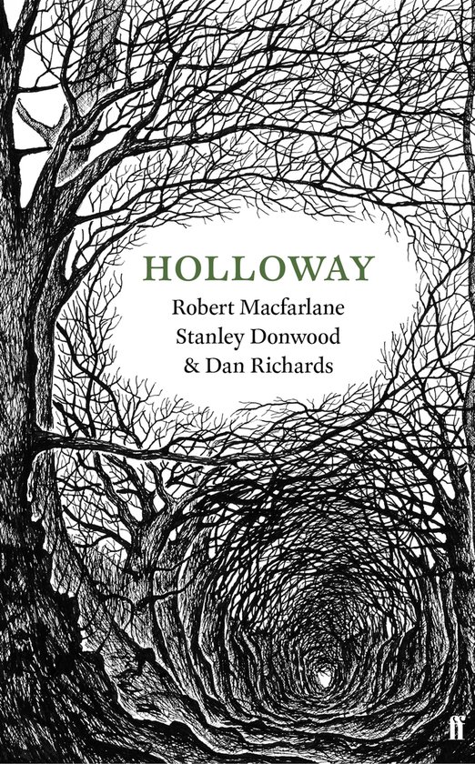 Couverture du livre 'Holloway' avec une silhouette d'arbres dénudés formant un tunnel. En vert et noir.