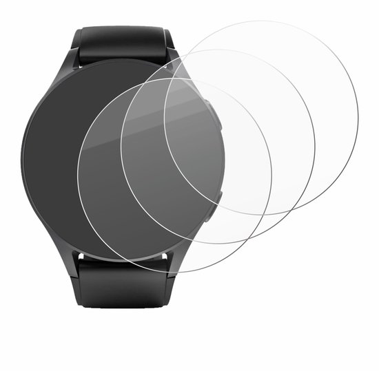 Een zwarte smartwatch met band, met daarop drie doorzichtige screenprotectors.