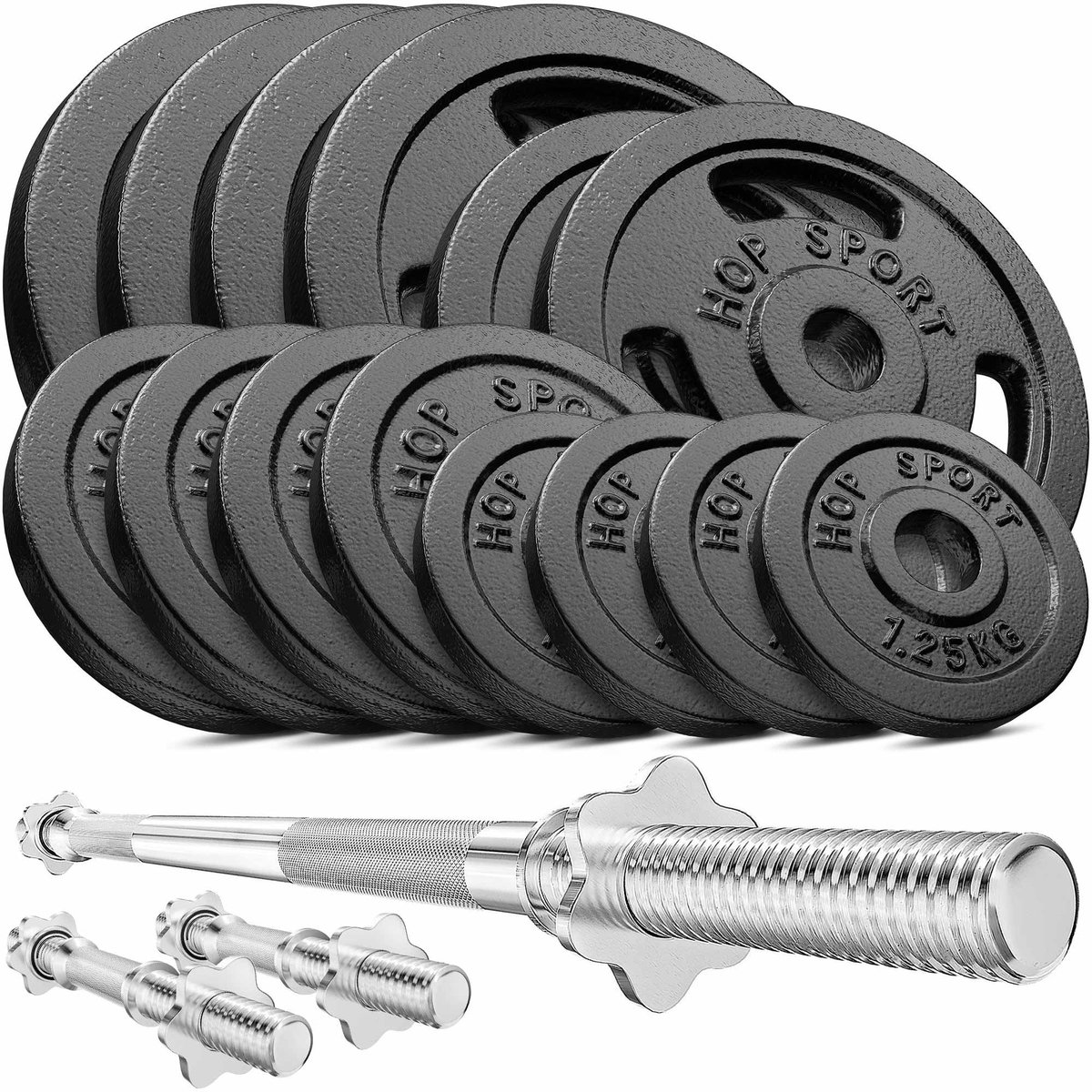 Hop Sport – Halterset 79 kg – Lange Halterstang 167 cm – 2 Korte Halterstangen 40 cm – Gietijzeren Halterschijven 30 mm