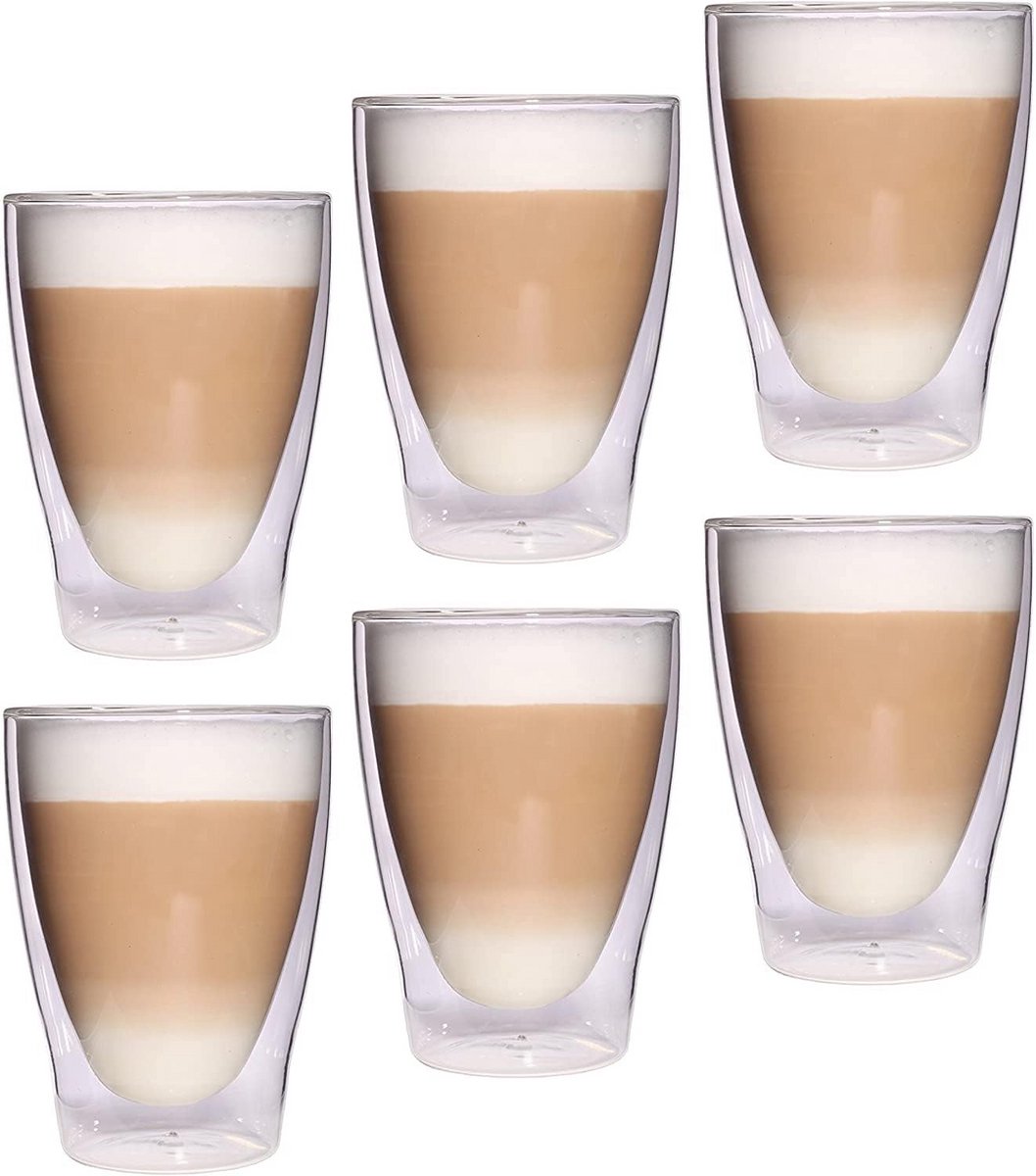 Set van 6 Dubbelwandige Latte Macchiato Glazen 300 ml XL - Thermoglas met Zwevend Effect