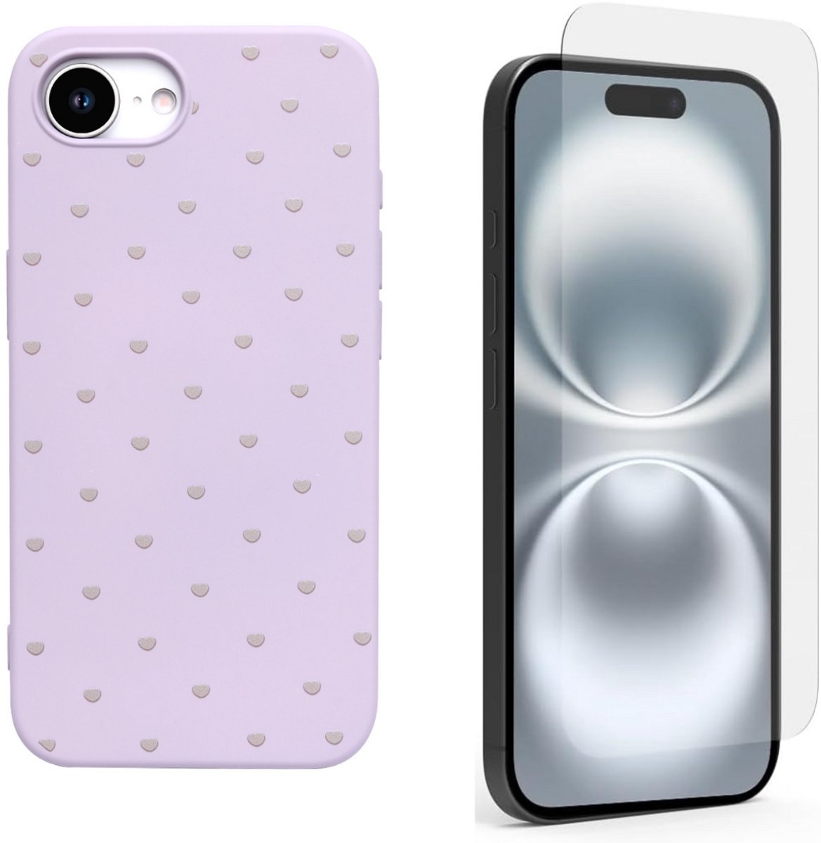 Hoesje en Glas Geschikt voor iPhone 17e - Paars - Casemania Stevige Siliconen Back Cover met Hartjes Print - 1x Glazen Screenprotector
