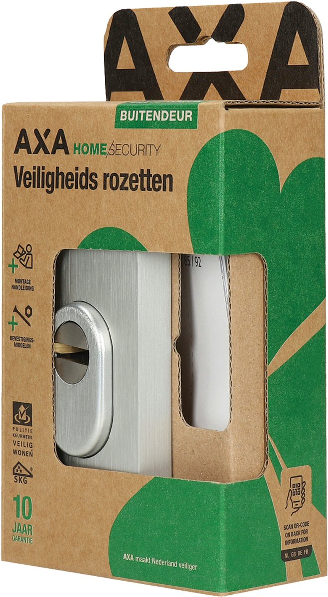 Axa Rozet voor Buitendeuren - Zelfstellende Kerntrekbeveiliging - Rechte Cilinder - SKG*** Keurmerk - Kleur Aluminium F1 - Afmetingen 117 x 52 x 13 mm - Verpakking per 1 Stuk in Blister