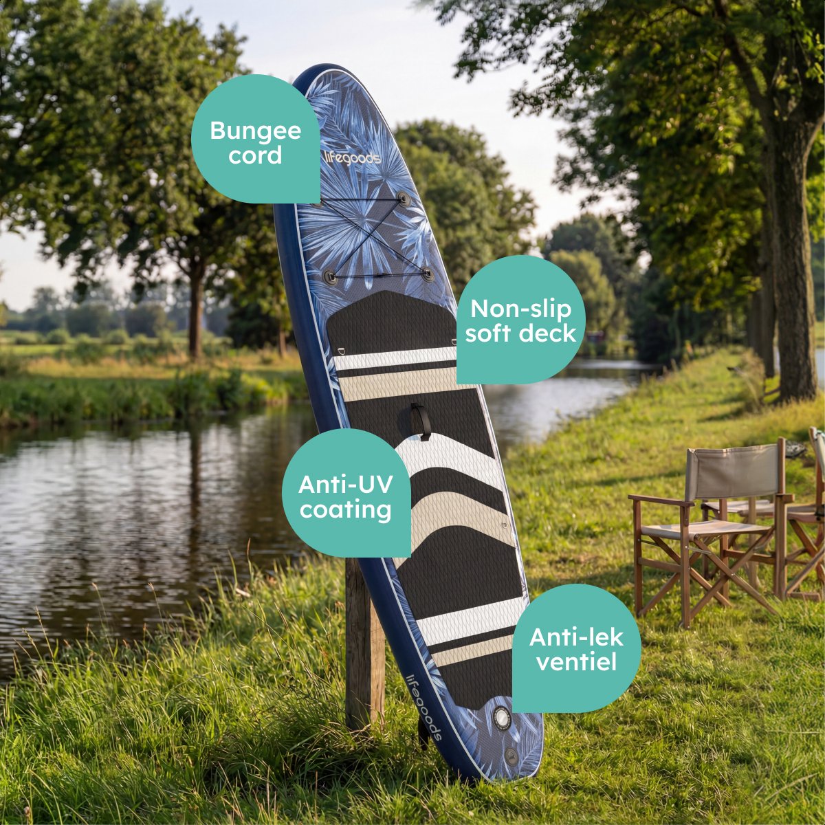 LifeGoods PaddlePro SUP Board - Opblaasbaar Paddle Board - Complete Set - Max. 150KG - 320x81cm - Tropical Blauw – foto 8