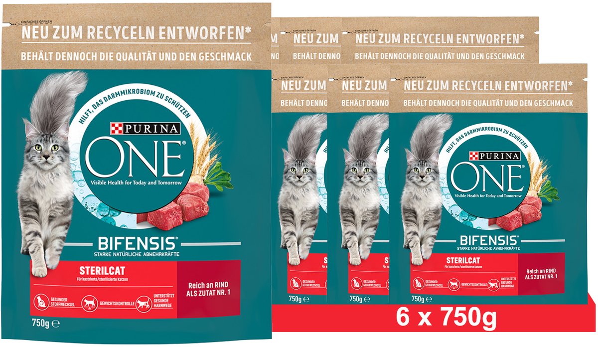 Purina One PURINA ONE BIFENSIS STERILCAT Droogvoer voor gesteriliseerde katten, rijk aan rundvlees, (6 x 750g)