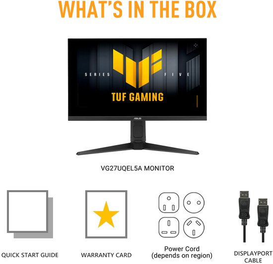 Inhoud van de doos: VG27UQEL5A monitor, snelstartgids, garantiekaart, stroomkabel en DisplayPort kabel.