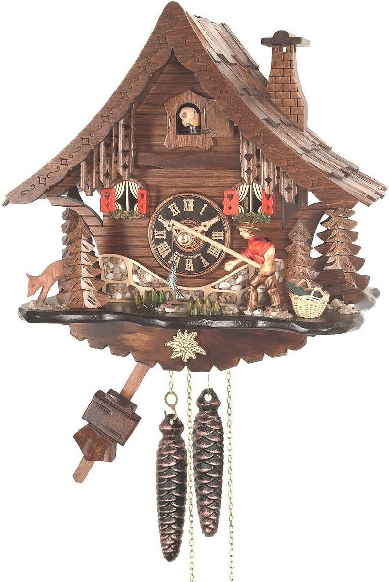 Mechanische Koekoeksklok Zwarte Woud Houten Huis met Bewegende Visser
