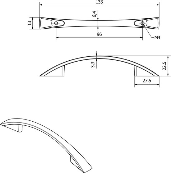 Technische tekening van een gebogen, zwarte meubelgreep met afmetingen.