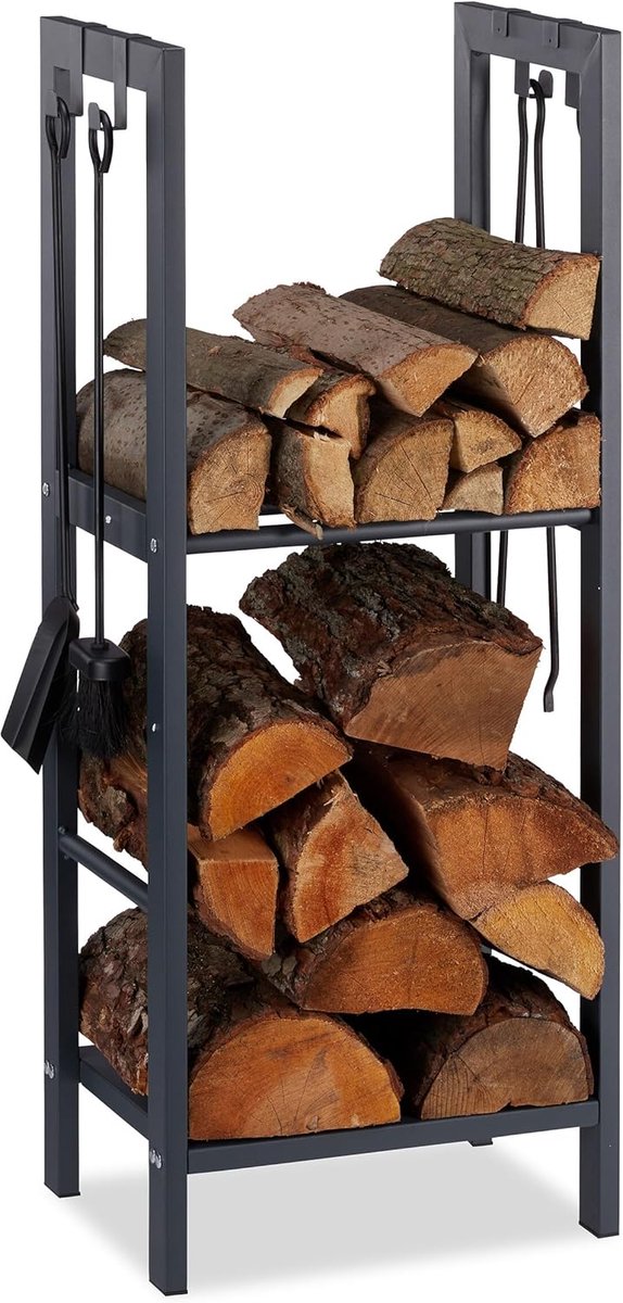 Imperatoris - Haardhout Rek - Haardhout Opslag - Haardhoutrek - Modern Ontwerp -Haardhout Rek - Rek voor Het Opbergen van hout - 2 Stalen Planken, 4 Haken voor Brandhout en Bestek - 100x40x30 cm