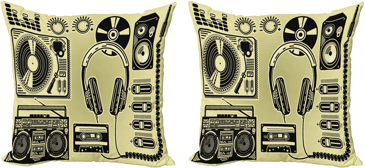 ABAKUHAUS HipHop decoratieve kussenhoezen (2 stuks), platenspelerkoptelefoon, 50x50 cm, lichtgeel en zwart