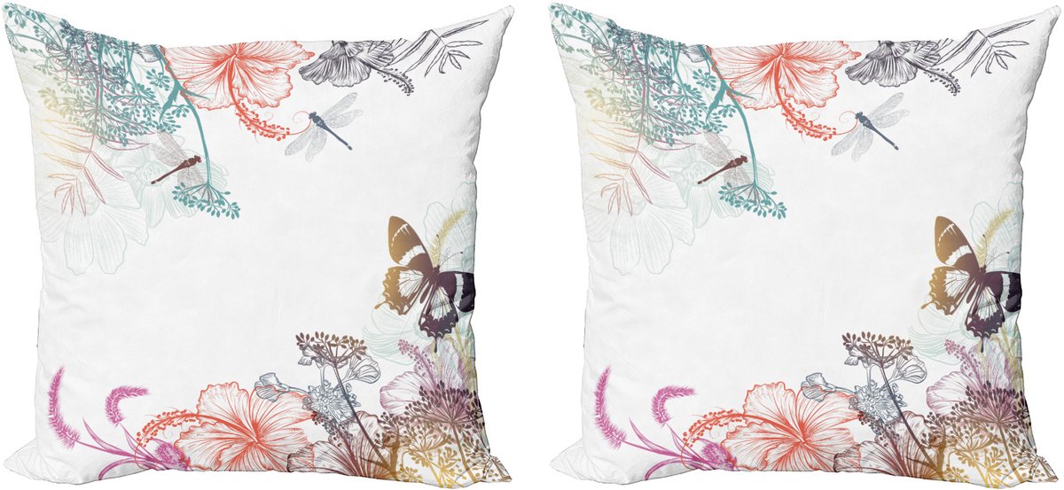 ABAKUHAUS Sierkussenhoes met libellemotief, set van 2, bloemen en kruid stijl, 40x40 cm, wit en veelkleurig