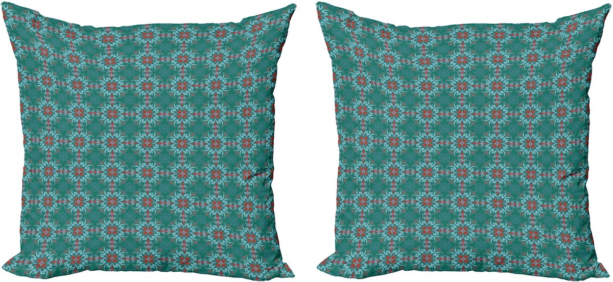 ABAKUHAUS Decoratieve kussenhoezen met bloemenprint, 2 stuks, traditioneel Spaans, 45x45 cm, lichtblauw, gro rood