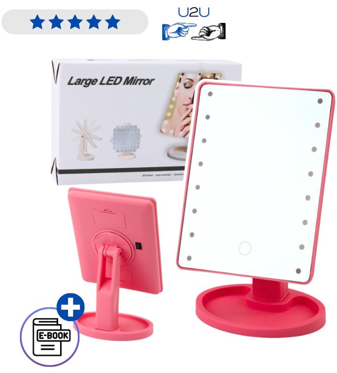 Cosmetische spiegel met 16 LED’s en standaard, verstelbaar, roze, 360° draaibaar, touch-bediening, energiezuinig, make-up spiegel met organizer voor badkamer en kaptafel Met Ebook