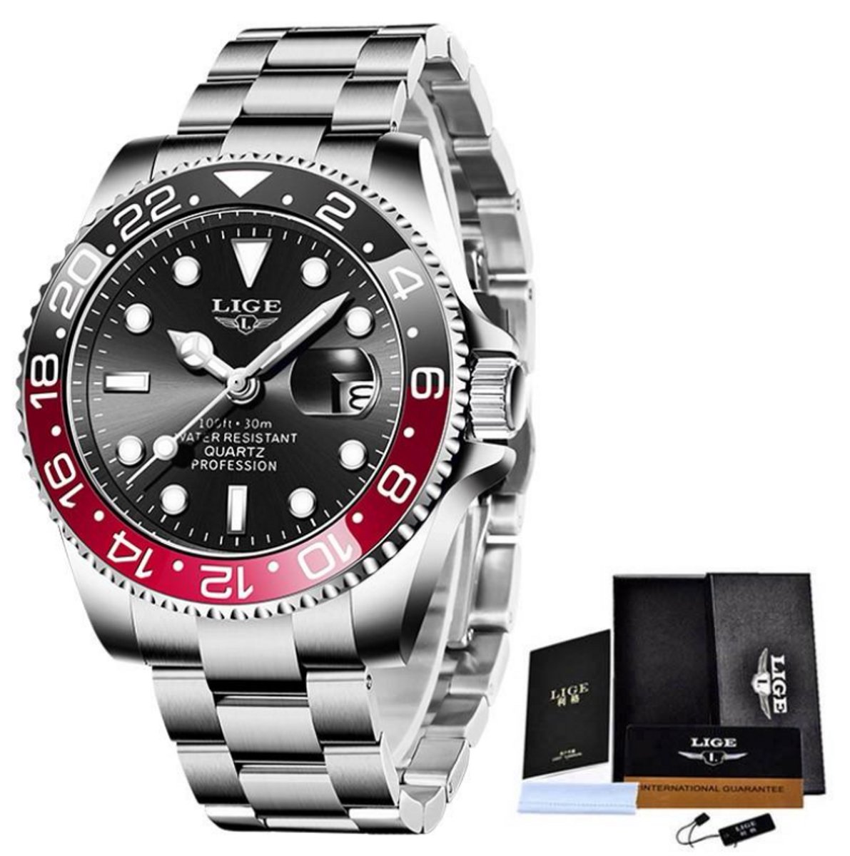 LIGE | Herenhorloge Quartz 42 Ø MM - Waterdicht - Analoog Herenhorloge met RVS Vlindersluiting Zwart Wijzerplaat | Zwart Rood Horloge Kast | Lichtgevende Wijzers, Datumweergave - Klassiek Elegant Business Luxe Herenhorloge | Polshorloge