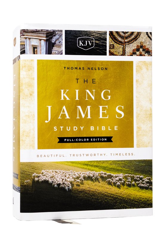 De King James Study Bible, Full-Color Edition, met KJV-logo, een kudde schapen en historische afbeeldingen. Thomas Nelson.