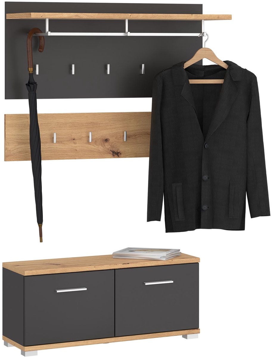 Garderobeset BILBAO 3-delig, Artisan eik / Kosmos grijs, ideaal voor hal en entree, met 9 haken, kledingstang, hoedenplank en schoenenbank - hoofdafbeelding
